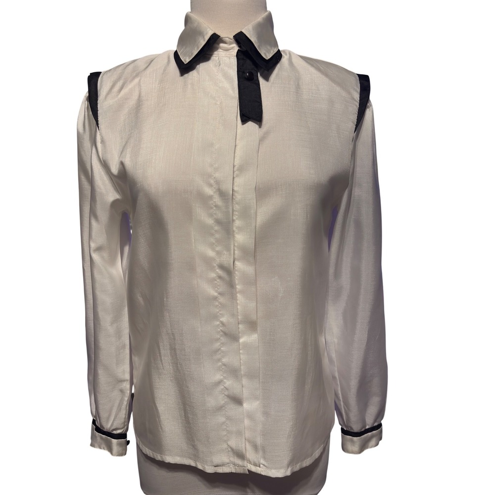 Vintage‎ NICOLA Womens White Long Sleeve Button Up Blouse Top Black Trim Size 6